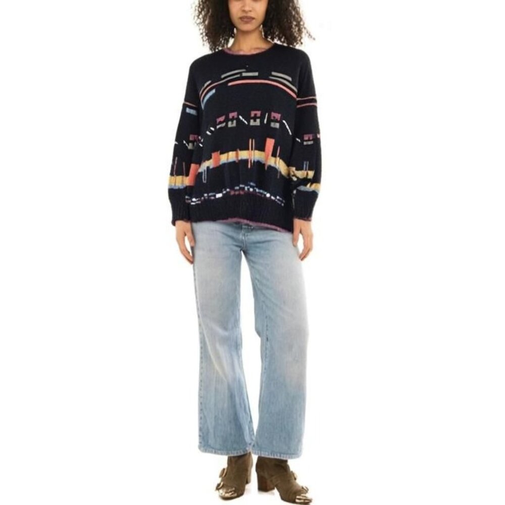A.J. Tremont Unisex Vintage Silk Cotton Pullover Knit Sweater Black/Multi Large